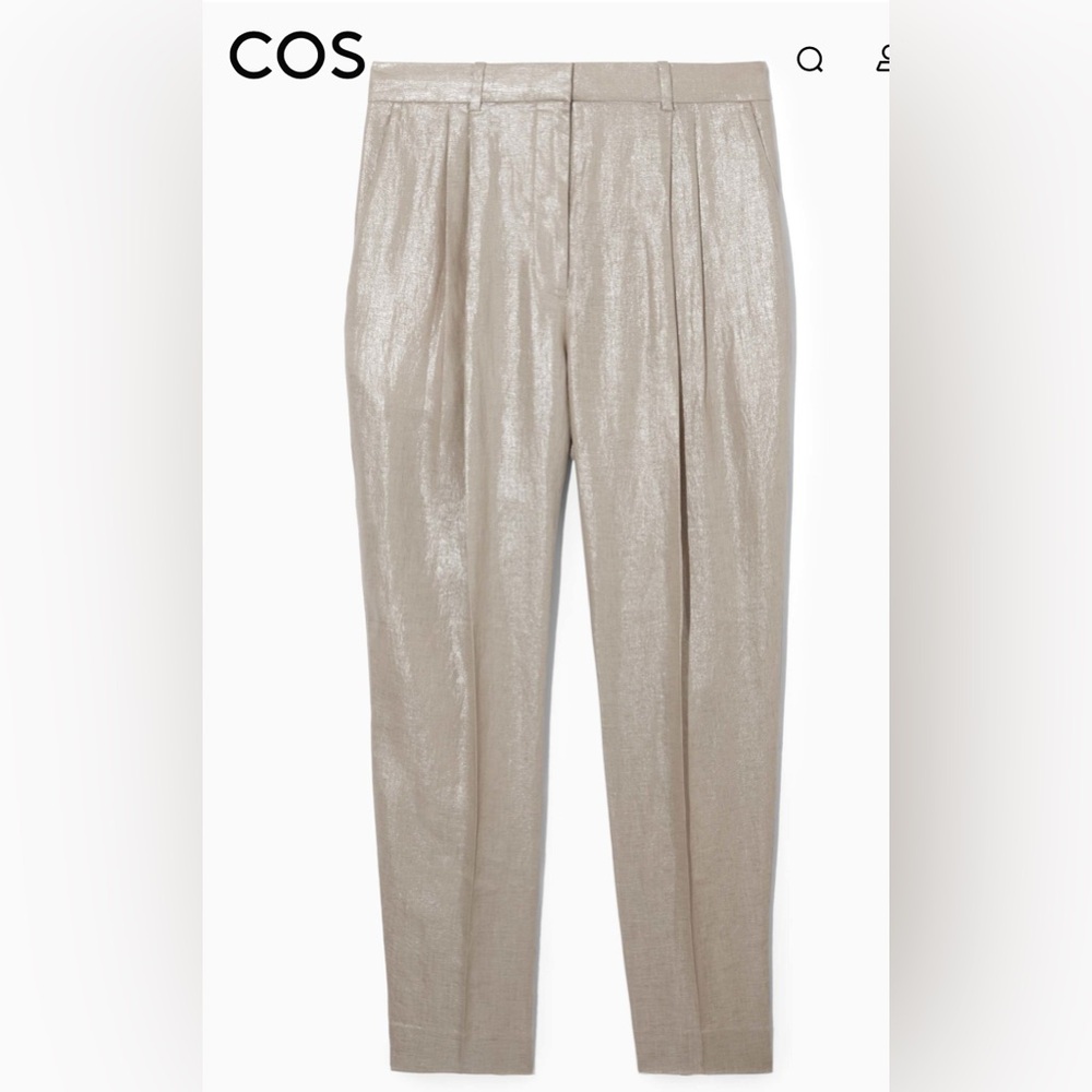 COS Metallic Linen Blend Pleated Trousers – Shimmering Silver Beige Size US 4